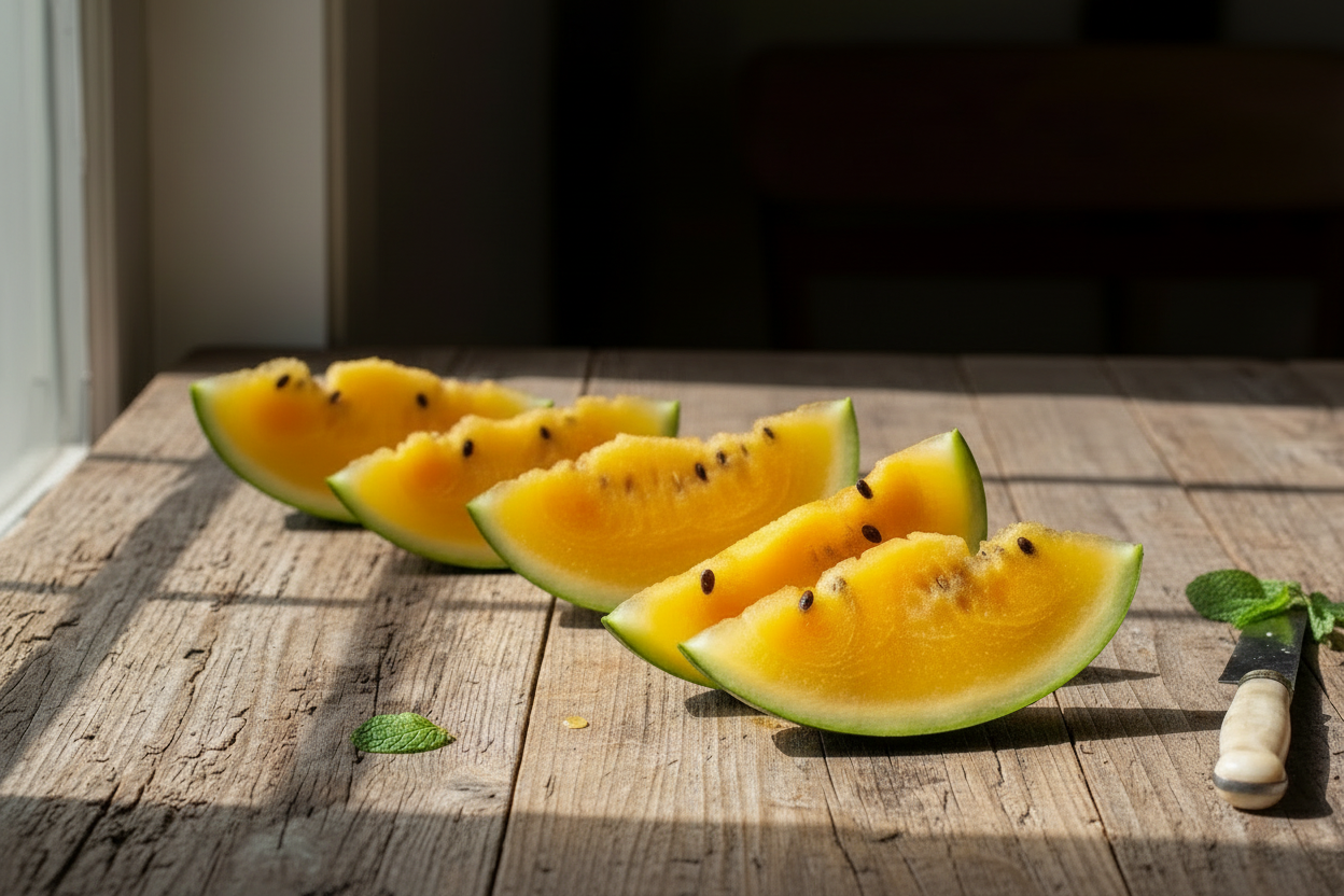 Sliced Yellow Fleshed Moon and Stars Watermelon showing golden yellow flesh with star-spotted green rind