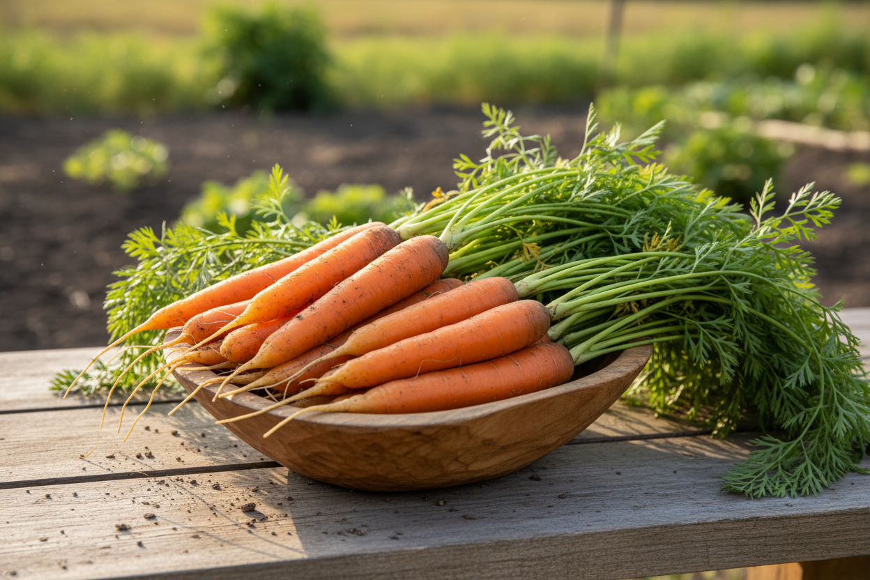 Freshly harvested Danvers 126 carrots with green tops in a rustic wooden bowl