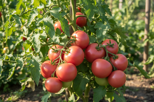 Clusters of rosy-pink Arkansas Traveler tomatoes growing on the vine in a garden