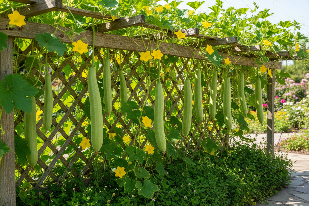 Luffa Gourd on trellis in garden