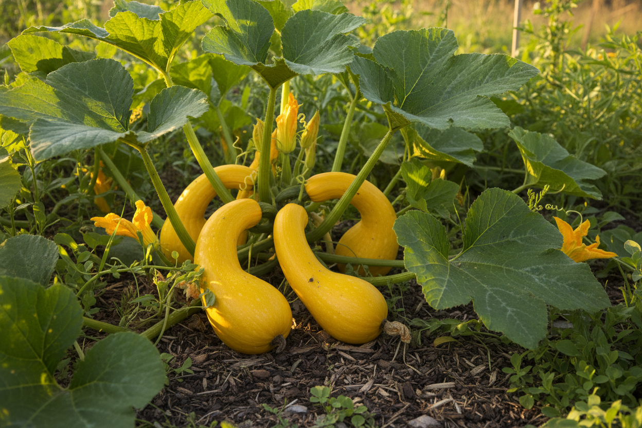 Yellow Crookneck Summer Squash in Garden